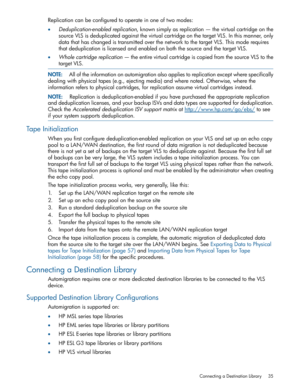 Tape initialization, Connecting a destination library, Supported destination library configurations | HP 12000 Virtual Library System EVA Gateway User Manual | Page 35 / 207