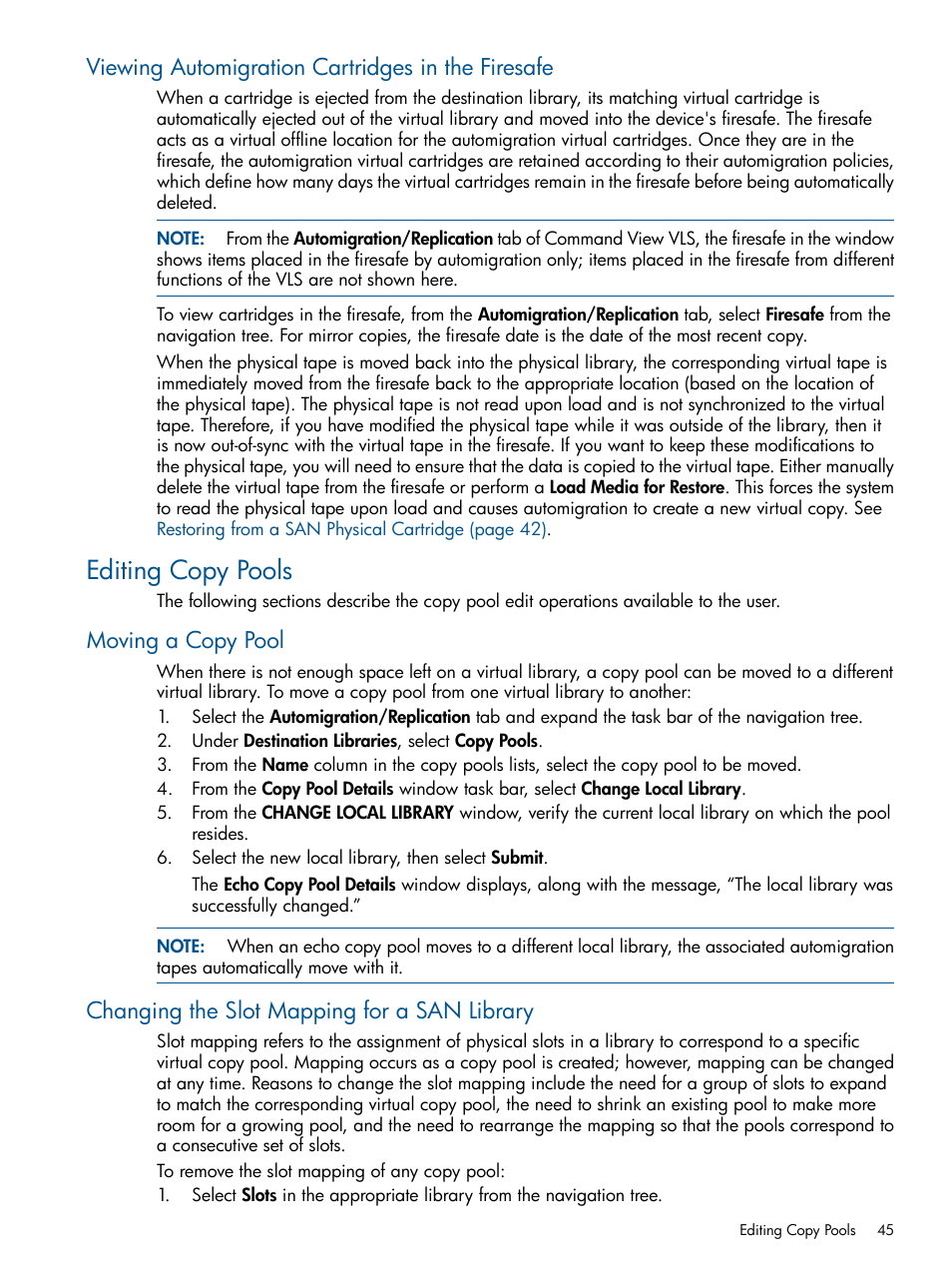 Viewing automigration cartridges in the firesafe, Editing copy pools, Moving a copy pool | Changing the slot mapping for a san library | HP 12000 Virtual Library System EVA Gateway User Manual | Page 45 / 207