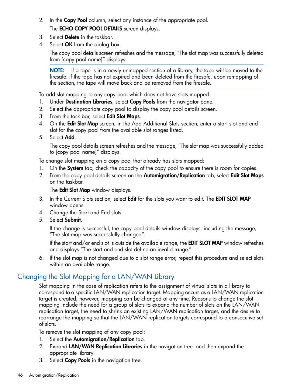 Changing the slot mapping for a lan/wan library | HP 12000 Virtual Library System EVA Gateway User Manual | Page 46 / 207