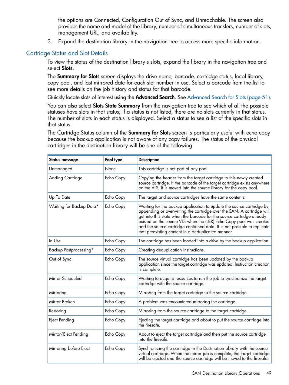 Cartridge status and slot details | HP 12000 Virtual Library System EVA Gateway User Manual | Page 49 / 207
