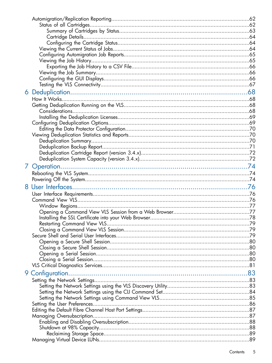 6 deduplication, 7 operation, 8 user interfaces | 9 configuration | HP 12000 Virtual Library System EVA Gateway User Manual | Page 5 / 207