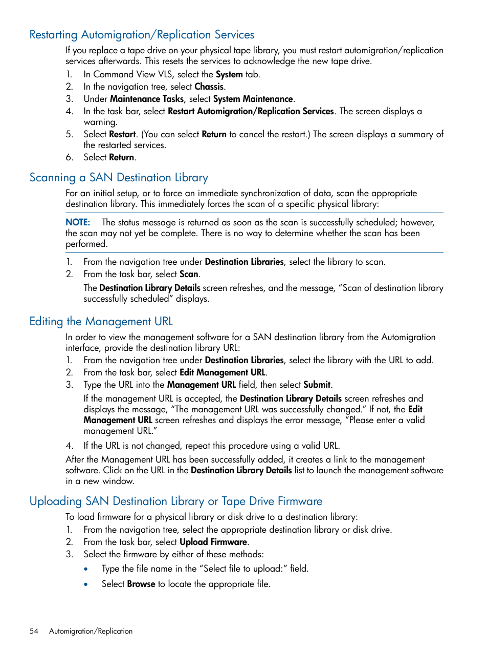 Restarting automigration/replication services, Scanning a san destination library, Editing the management url | HP 12000 Virtual Library System EVA Gateway User Manual | Page 54 / 207