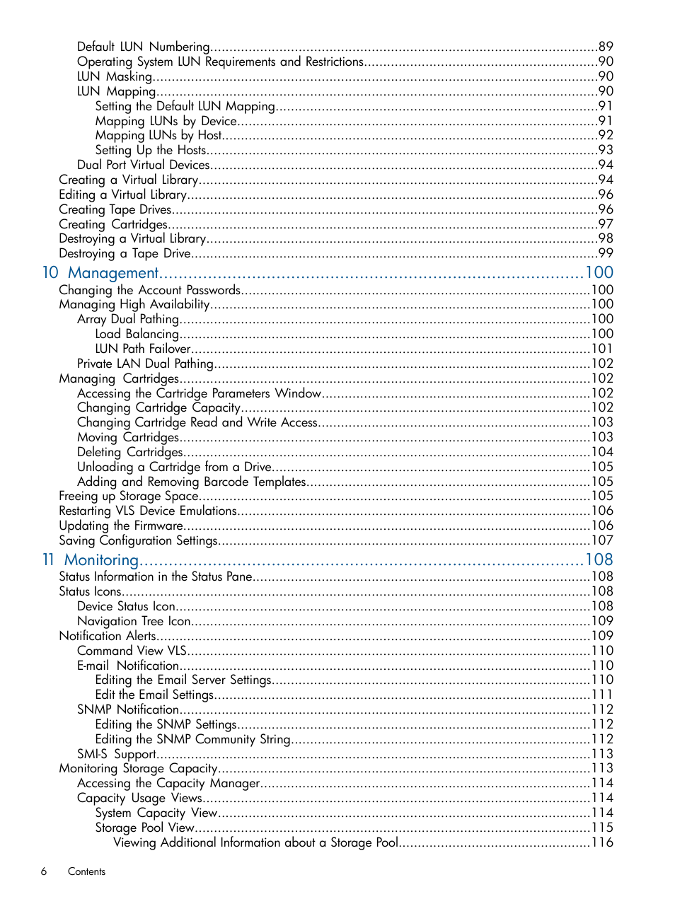 10 management, 11 monitoring | HP 12000 Virtual Library System EVA Gateway User Manual | Page 6 / 207