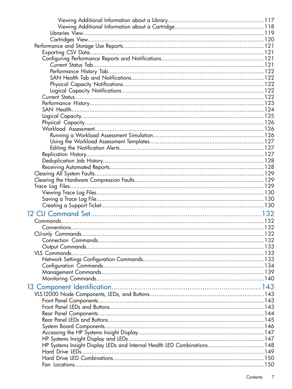 12 cli command set, 13 component identification | HP 12000 Virtual Library System EVA Gateway User Manual | Page 7 / 207