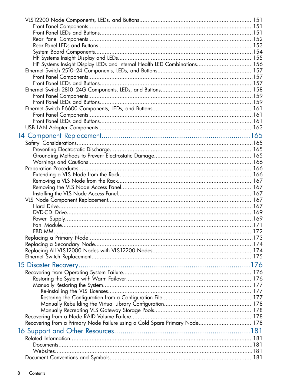 14 component replacement, 15 disaster recovery, 16 support and other resources | HP 12000 Virtual Library System EVA Gateway User Manual | Page 8 / 207