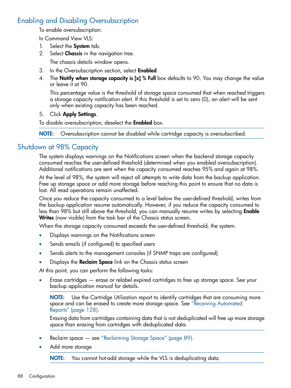 Enabling and disabling oversubscription, Shutdown at 98% capacity | HP 12000 Virtual Library System EVA Gateway User Manual | Page 88 / 207