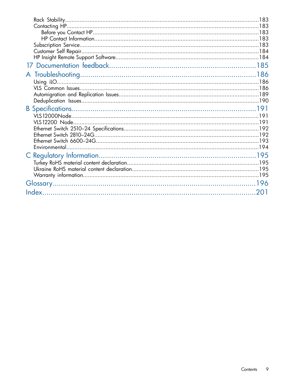 17 documentation feedback a troubleshooting, B specifications, C regulatory information | Glossary index | HP 12000 Virtual Library System EVA Gateway User Manual | Page 9 / 207