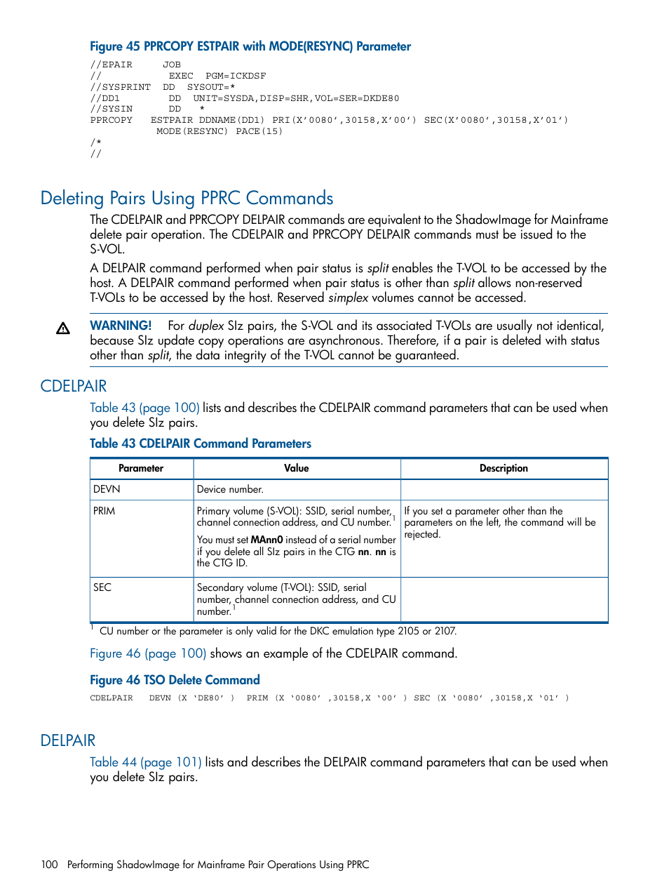 Deleting pairs using pprc commands, Cdelpair, Delpair | Cdelpair delpair | HP StorageWorks XP Remote Web Console Software User Manual | Page 100 / 114