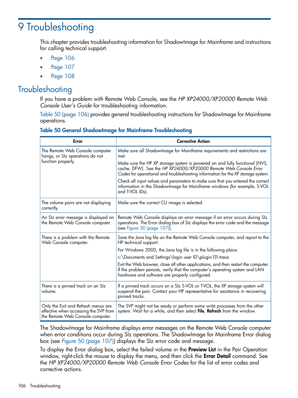 9 troubleshooting, Troubleshooting | HP StorageWorks XP Remote Web Console Software User Manual | Page 106 / 114