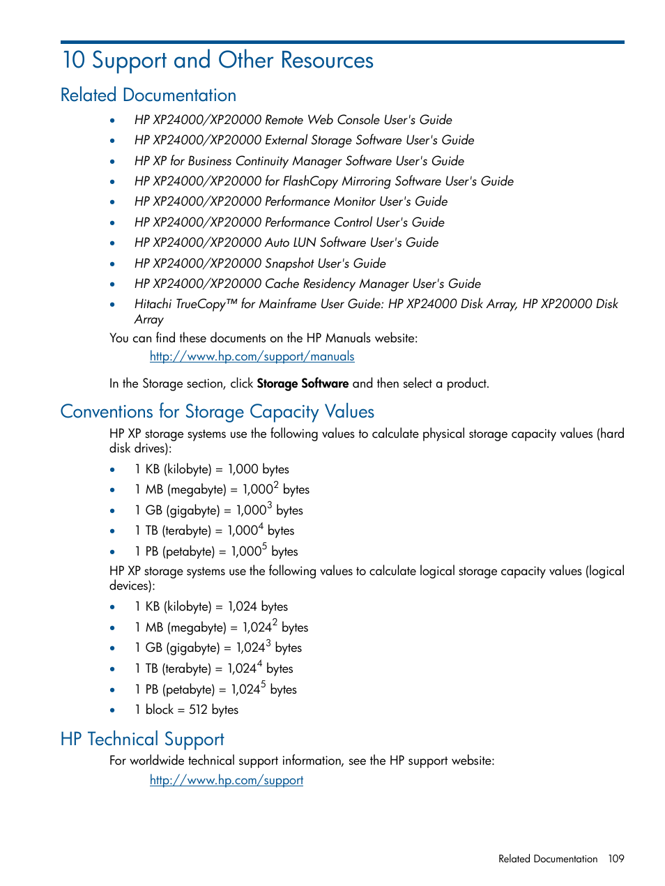10 support and other resources, Related documentation, Conventions for storage capacity values | Hp technical support | HP StorageWorks XP Remote Web Console Software User Manual | Page 109 / 114