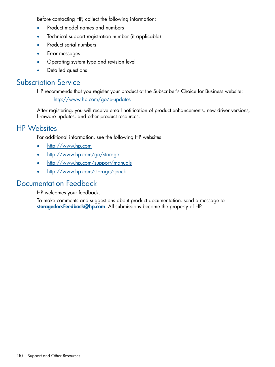 Subscription service, Hp websites, Documentation feedback | HP StorageWorks XP Remote Web Console Software User Manual | Page 110 / 114