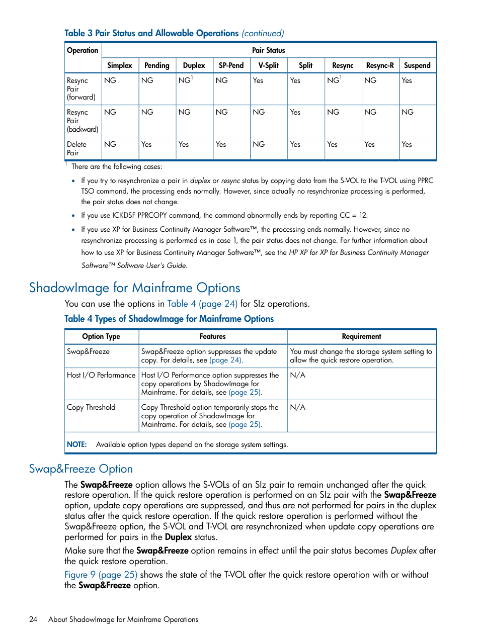 Shadowimage for mainframe options, Swap&freeze option | HP StorageWorks XP Remote Web Console Software User Manual | Page 24 / 114