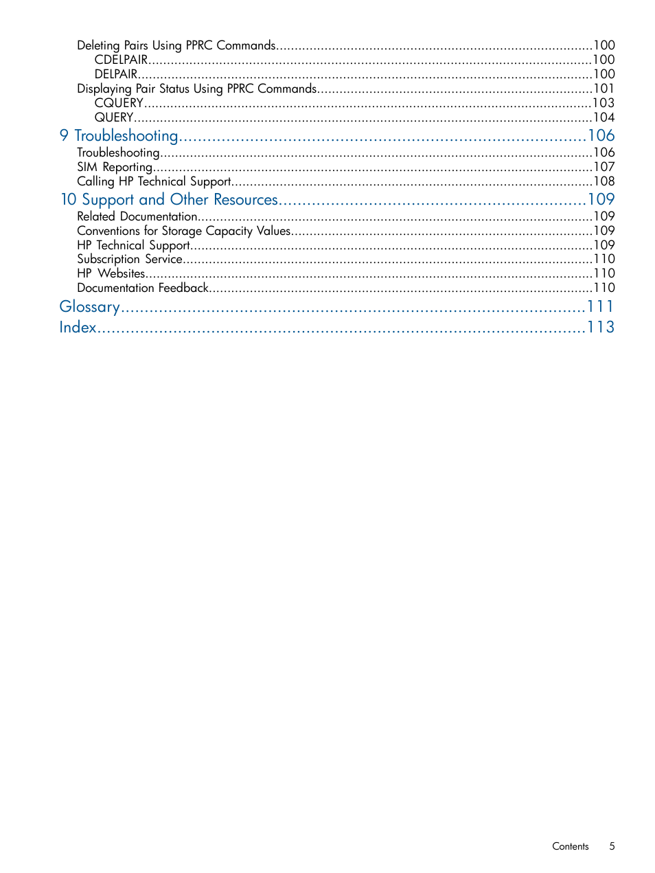 9 troubleshooting, 10 support and other resources, Glossary index | HP StorageWorks XP Remote Web Console Software User Manual | Page 5 / 114