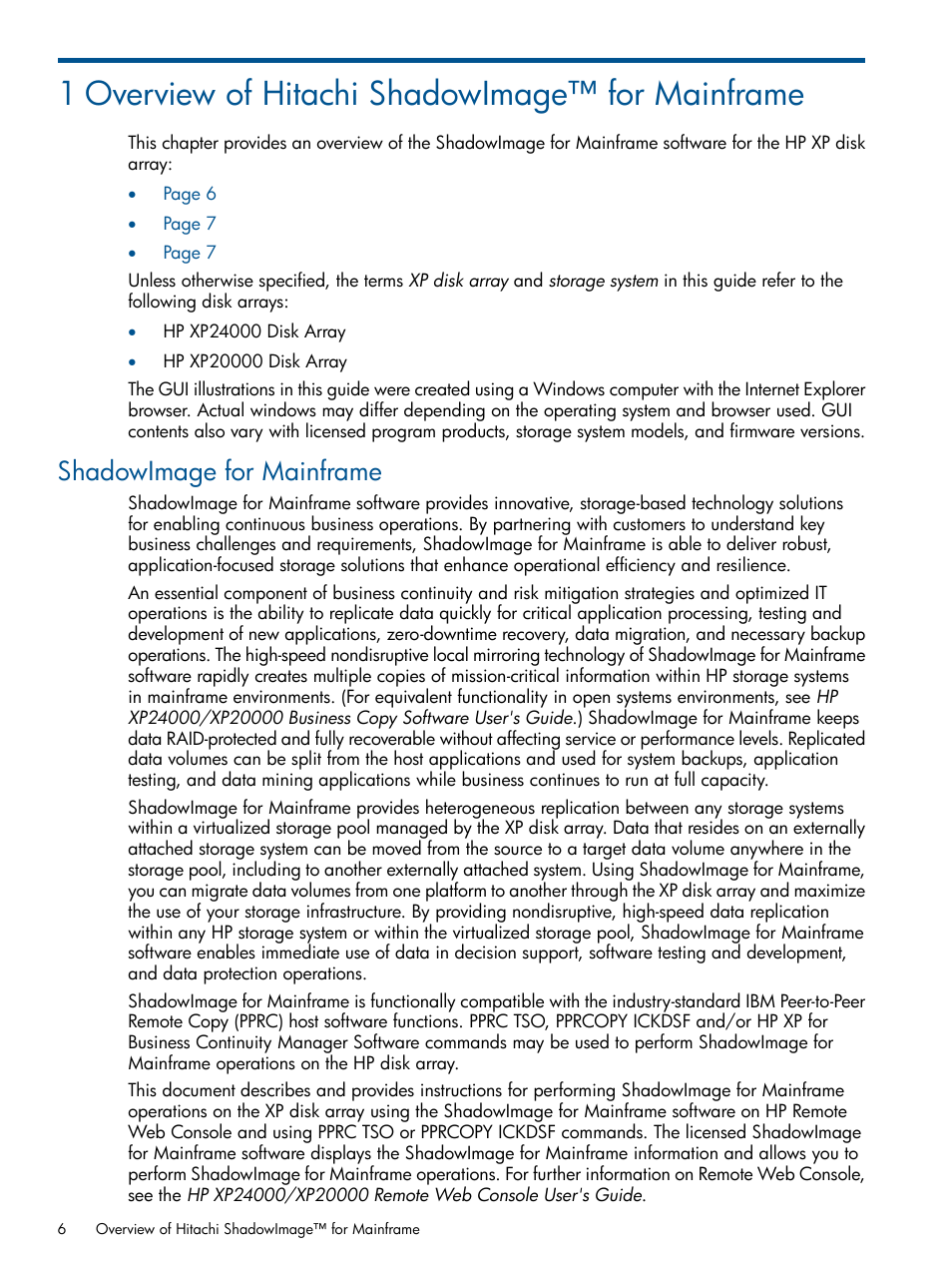 1 overview of hitachi shadowimage™ for mainframe, Shadowimage for mainframe | HP StorageWorks XP Remote Web Console Software User Manual | Page 6 / 114