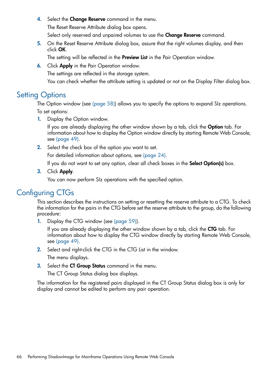 Setting options, Configuring ctgs, Setting options configuring ctgs | HP StorageWorks XP Remote Web Console Software User Manual | Page 66 / 114