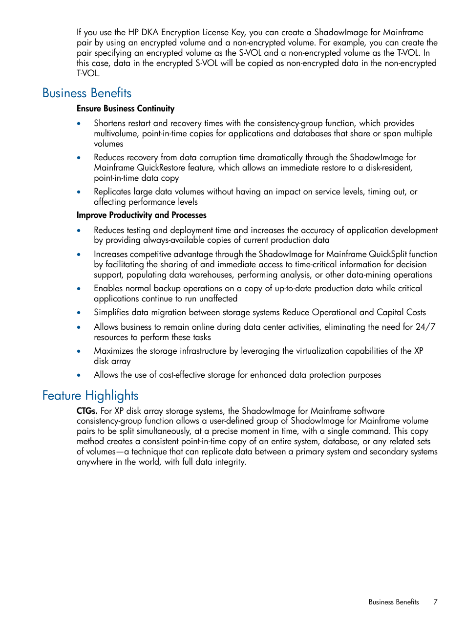 Business benefits, Feature highlights, Business benefits feature highlights | HP StorageWorks XP Remote Web Console Software User Manual | Page 7 / 114