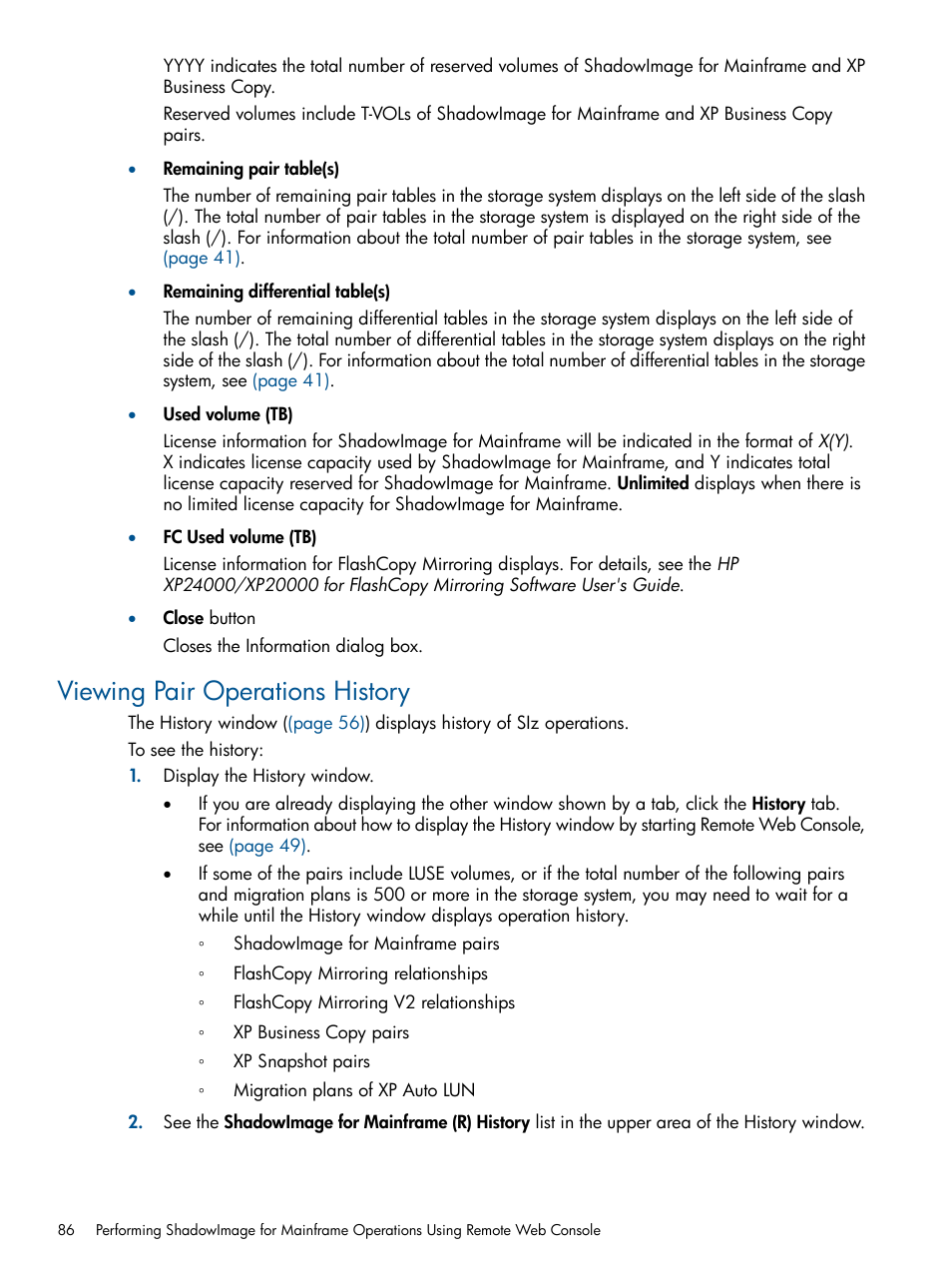 Viewing pair operations history | HP StorageWorks XP Remote Web Console Software User Manual | Page 86 / 114