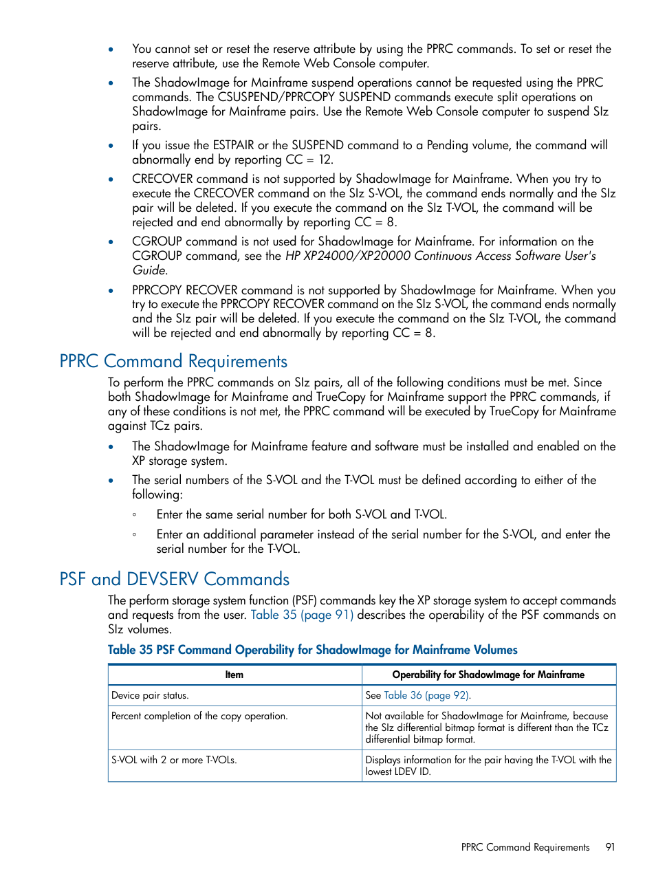 Pprc command requirements, Psf and devserv commands, Pprc command requirements psf and devserv commands | HP StorageWorks XP Remote Web Console Software User Manual | Page 91 / 114