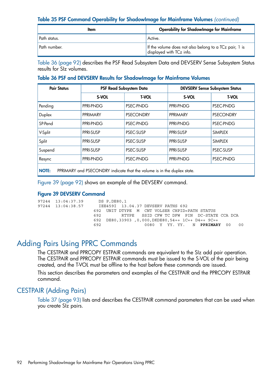 Adding pairs using pprc commands, Cestpair (adding pairs) | HP StorageWorks XP Remote Web Console Software User Manual | Page 92 / 114