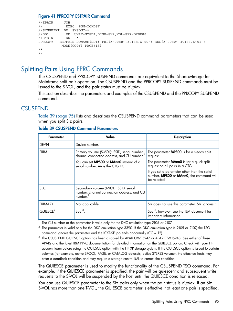 Splitting pairs using pprc commands, Csuspend | HP StorageWorks XP Remote Web Console Software User Manual | Page 95 / 114