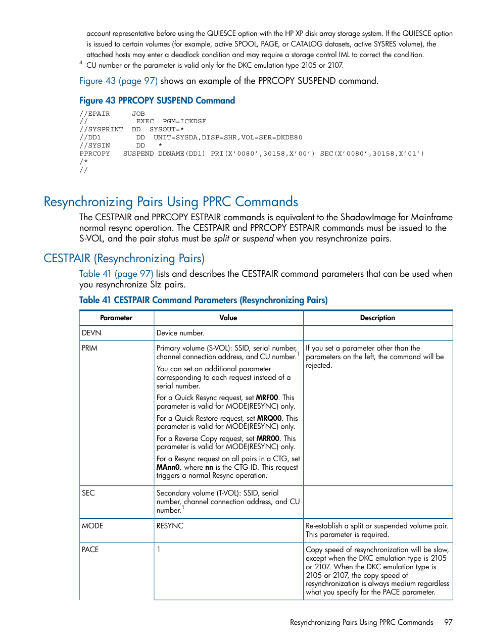 Resynchronizing pairs using pprc commands, Cestpair (resynchronizing pairs) | HP StorageWorks XP Remote Web Console Software User Manual | Page 97 / 114