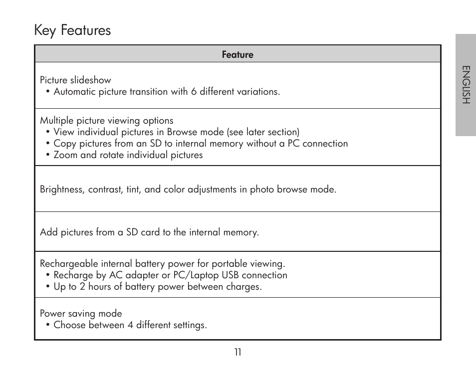 Key features | HP df300 Digital Picture Frame User Manual | Page 11 / 62