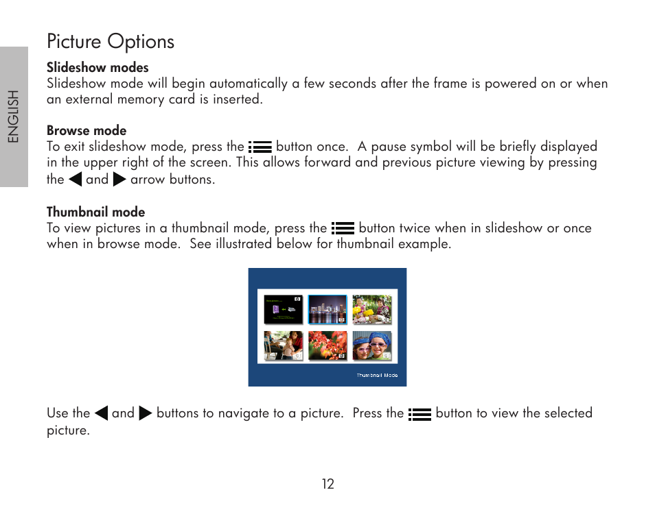 Picture options | HP df300 Digital Picture Frame User Manual | Page 12 / 62