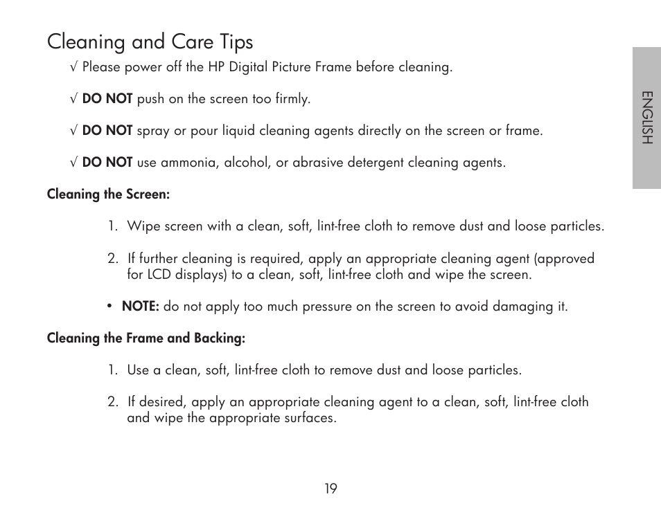 Cleaning and care tips | HP df300 Digital Picture Frame User Manual | Page 19 / 62