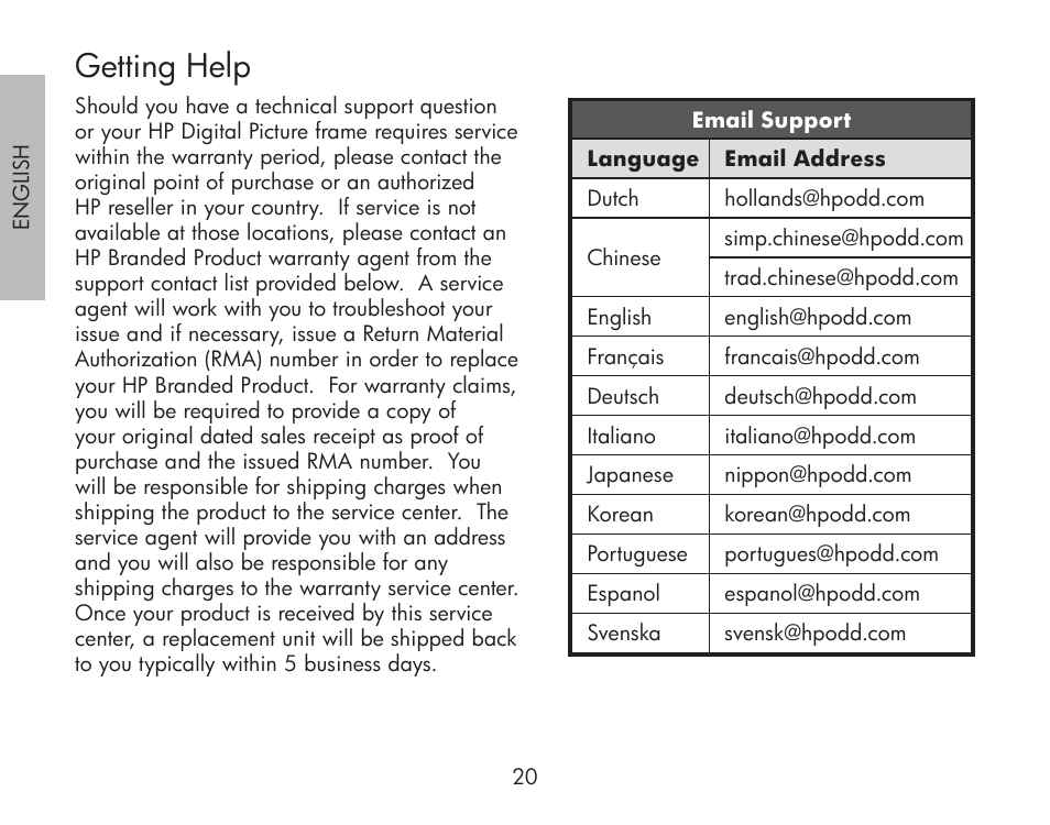 Getting help | HP df300 Digital Picture Frame User Manual | Page 20 / 62