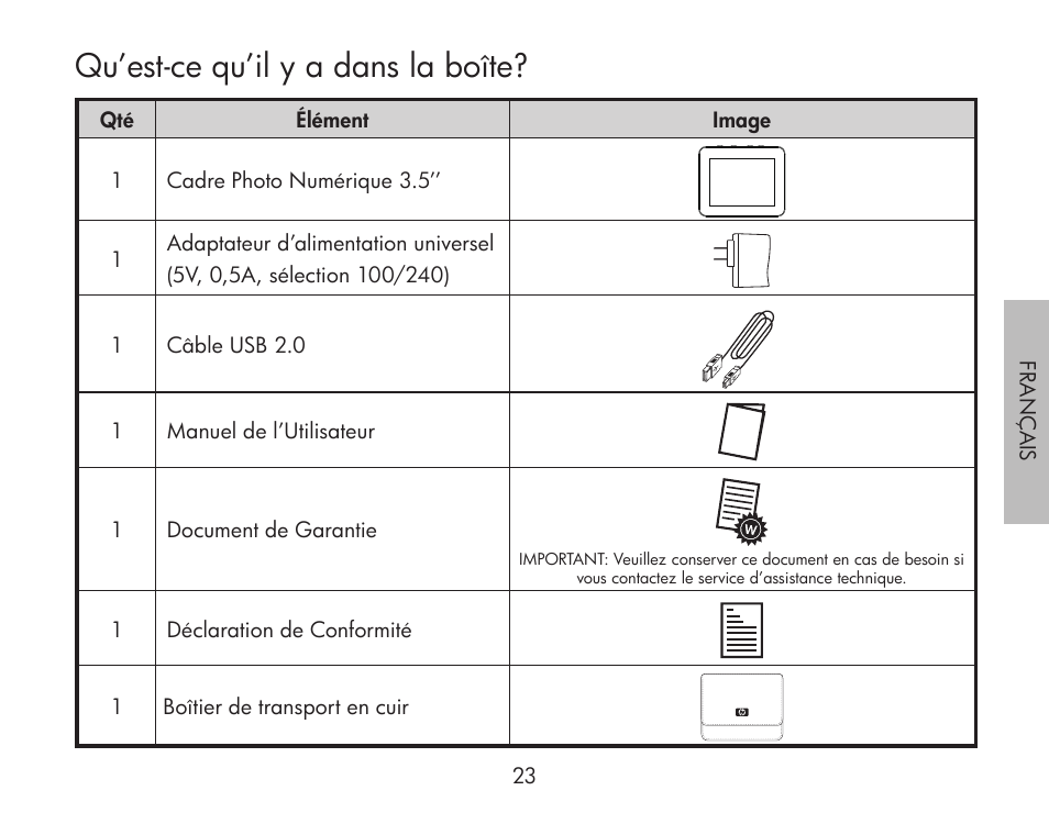 Qu’est-ce qu’il y a dans la boîte | HP df300 Digital Picture Frame User Manual | Page 23 / 62