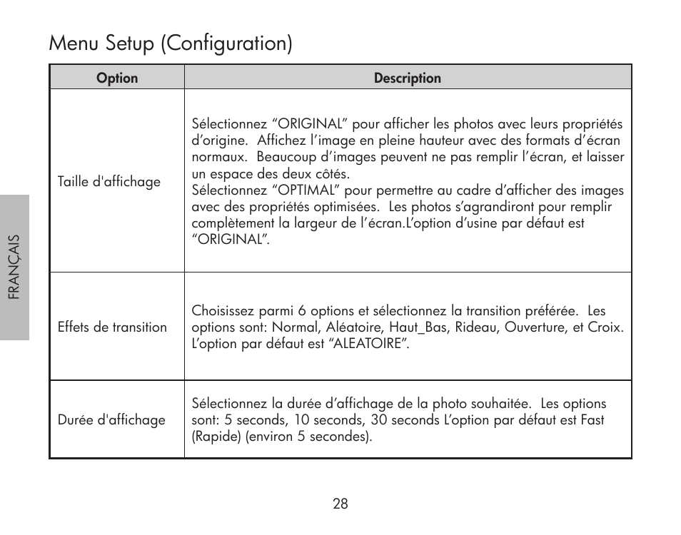 Menu setup (configuration) | HP df300 Digital Picture Frame User Manual | Page 28 / 62