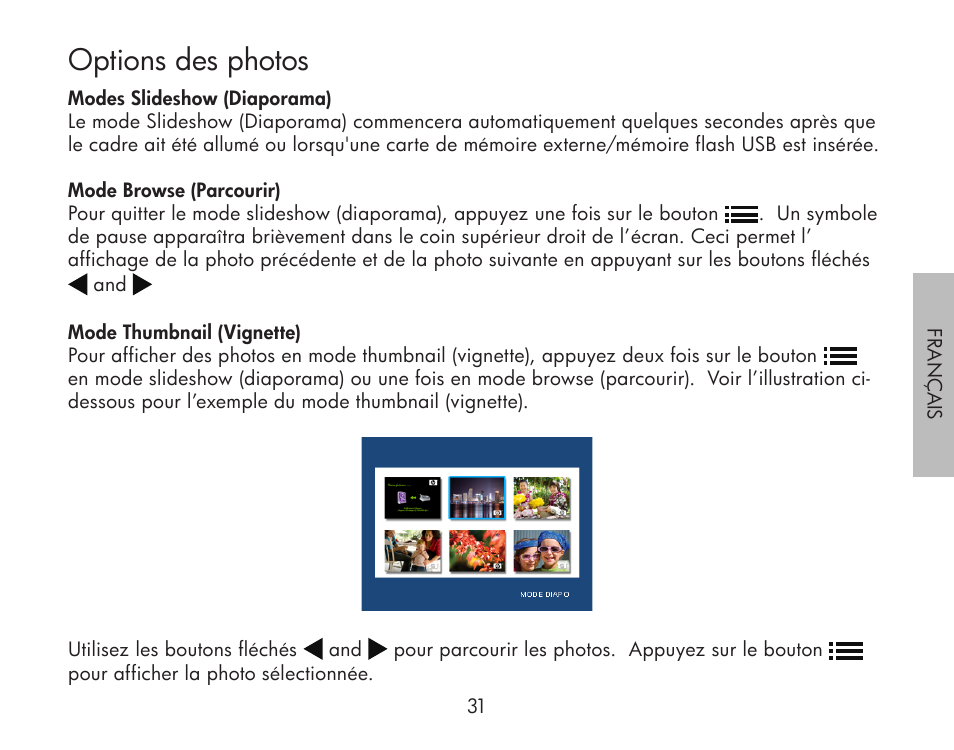 Options des photos | HP df300 Digital Picture Frame User Manual | Page 31 / 62