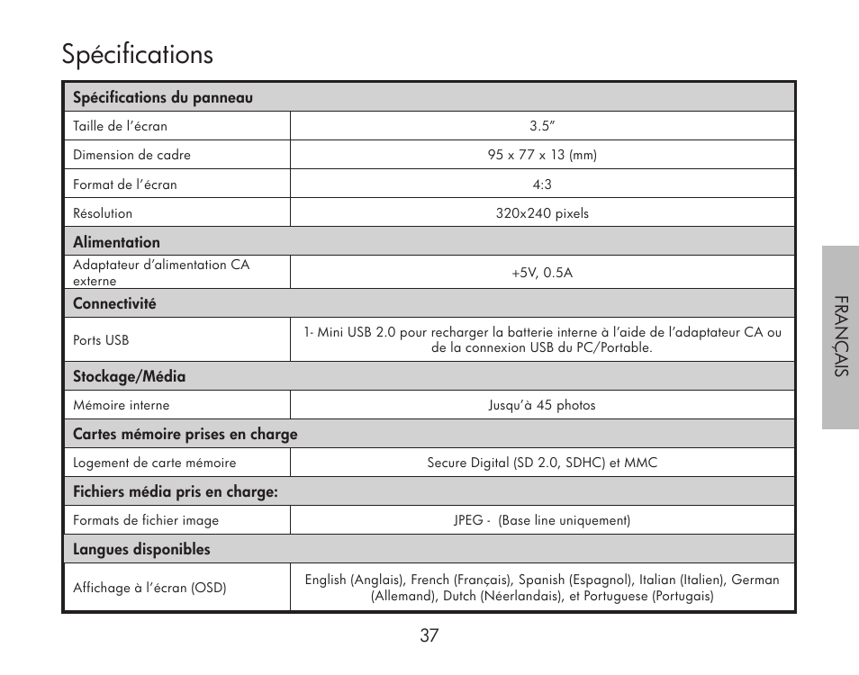 Spécifications | HP df300 Digital Picture Frame User Manual | Page 37 / 62