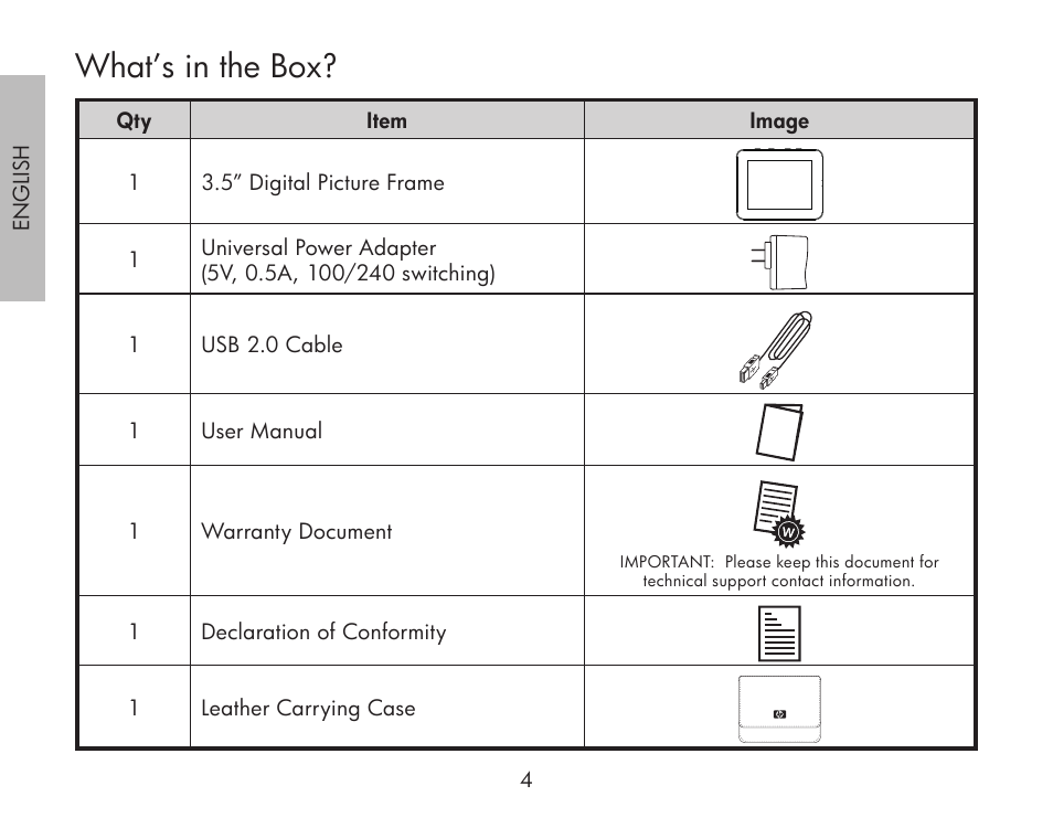 What’s in the box | HP df300 Digital Picture Frame User Manual | Page 4 / 62