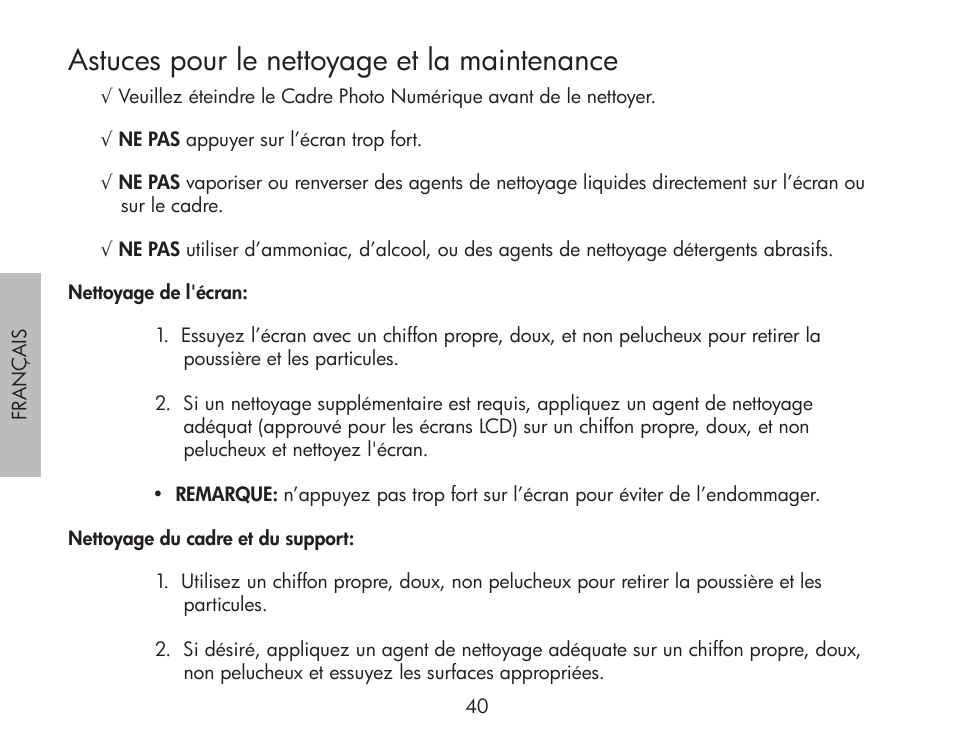 Astuces pour le nettoyage et la maintenance | HP df300 Digital Picture Frame User Manual | Page 40 / 62