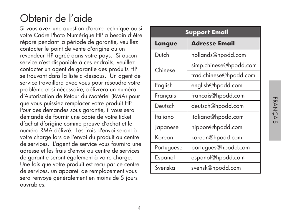 Obtenir de l’aide | HP df300 Digital Picture Frame User Manual | Page 41 / 62