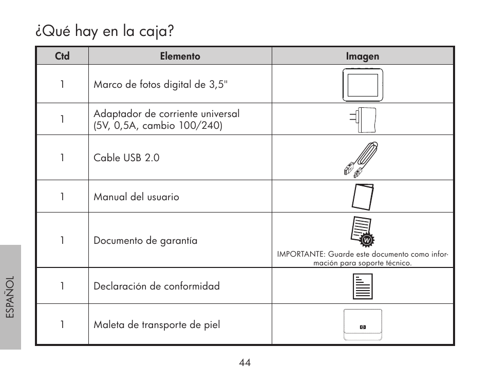 Qué hay en la caja | HP df300 Digital Picture Frame User Manual | Page 44 / 62