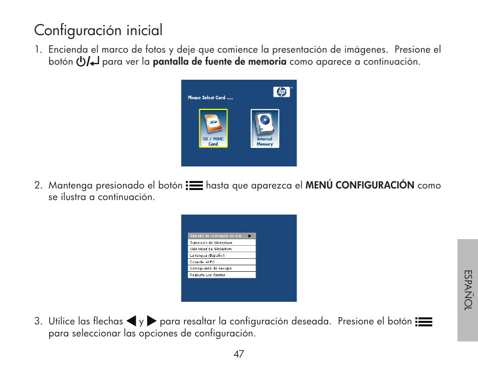 Configuración inicial | HP df300 Digital Picture Frame User Manual | Page 47 / 62