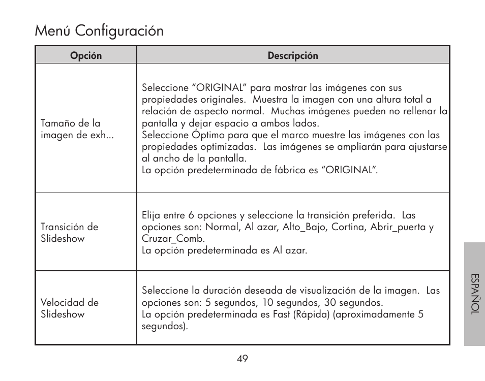Menú configuración | HP df300 Digital Picture Frame User Manual | Page 49 / 62
