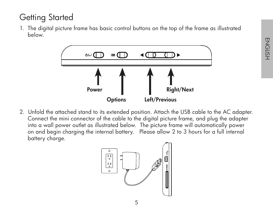 Getting started | HP df300 Digital Picture Frame User Manual | Page 5 / 62