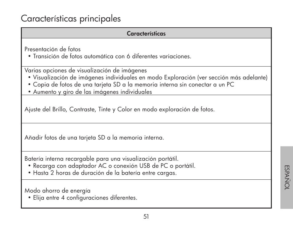 Características principales | HP df300 Digital Picture Frame User Manual | Page 51 / 62