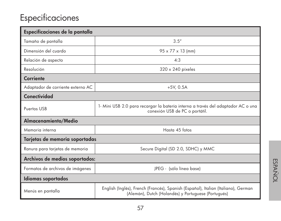 Especificaciones, 56 57 esp añol | HP df300 Digital Picture Frame User Manual | Page 57 / 62