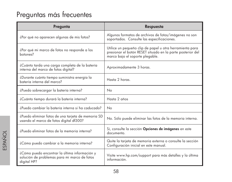 Preguntas más frecuentes, 58 esp añol 59 | HP df300 Digital Picture Frame User Manual | Page 58 / 62