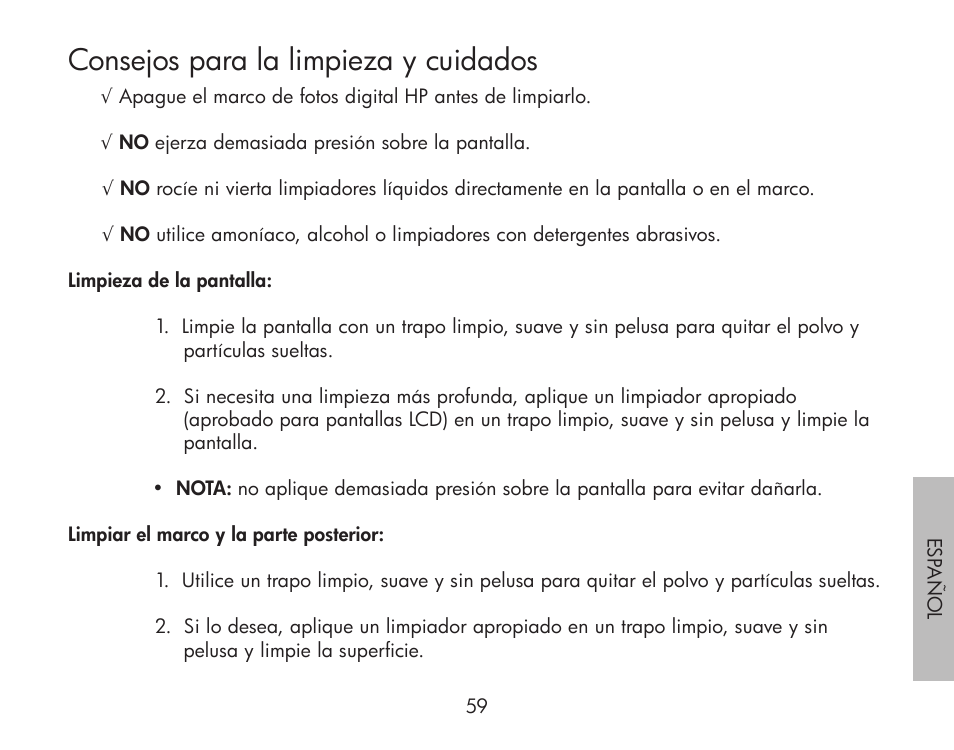 Consejos para la limpieza y cuidados | HP df300 Digital Picture Frame User Manual | Page 59 / 62