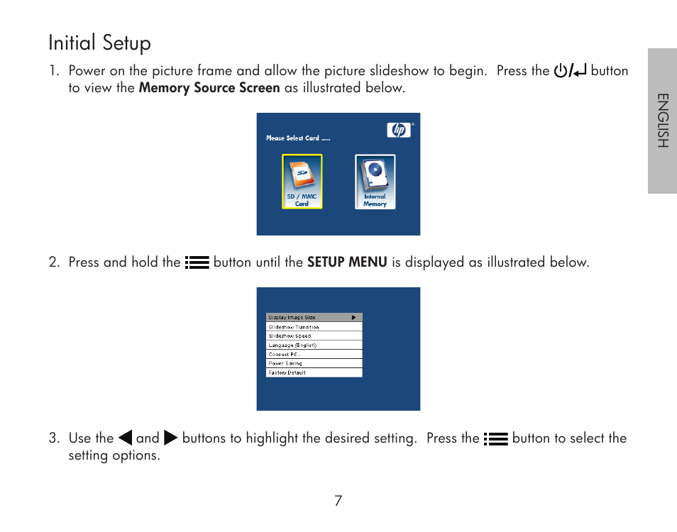 Initial setup | HP df300 Digital Picture Frame User Manual | Page 7 / 62