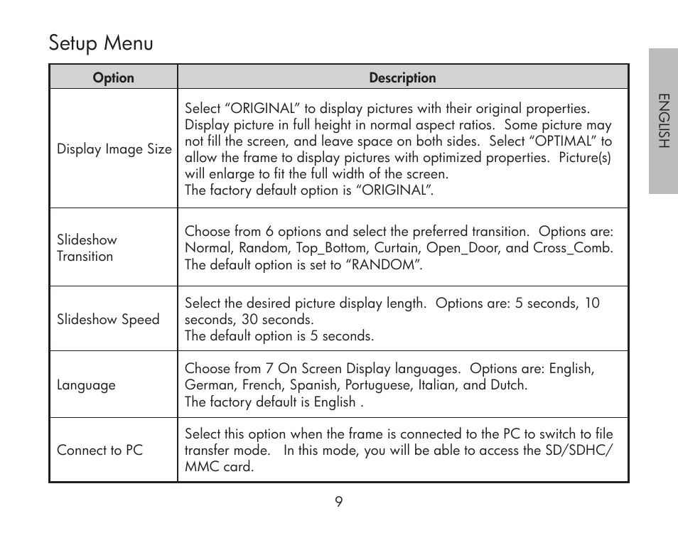 Setup menu | HP df300 Digital Picture Frame User Manual | Page 9 / 62