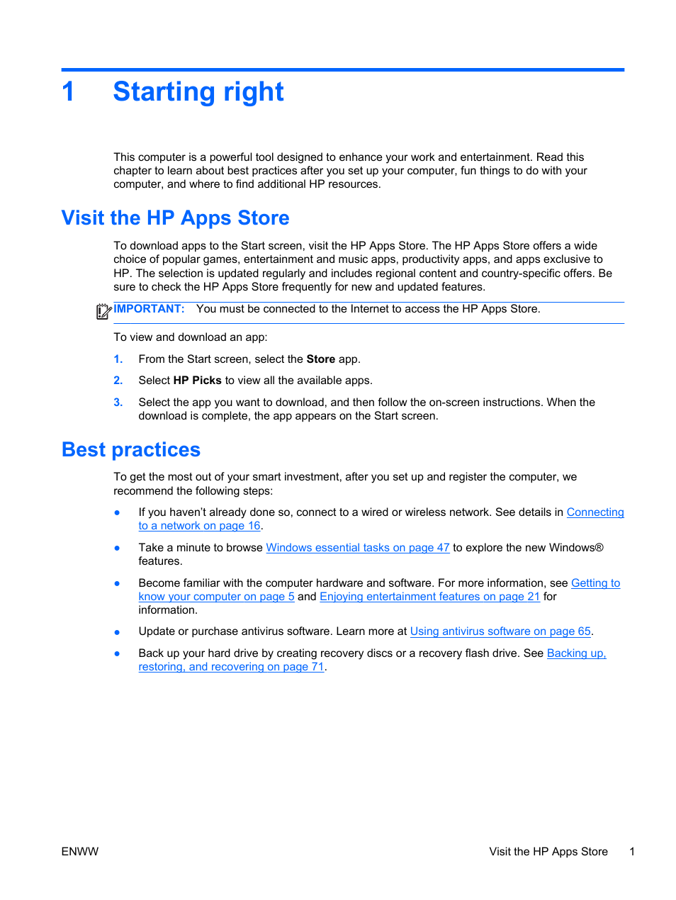 Starting right, Visit the hp apps store, Best practices | 1 starting right, Visit the hp apps store best practices, 1starting right | HP Spectre 13 Pro-Notebook PC User Manual | Page 11 / 89