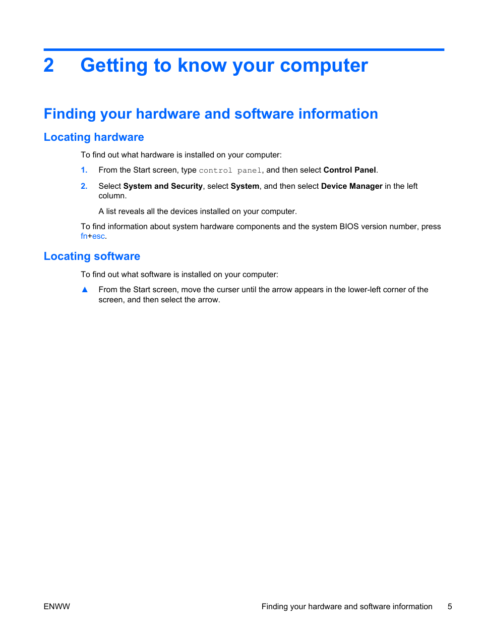 Getting to know your computer, Finding your hardware and software information, Locating hardware | Locating software, 2 getting to know your computer, Locating hardware locating software, Getting to, 2getting to know your computer | HP Spectre 13 Pro-Notebook PC User Manual | Page 15 / 89