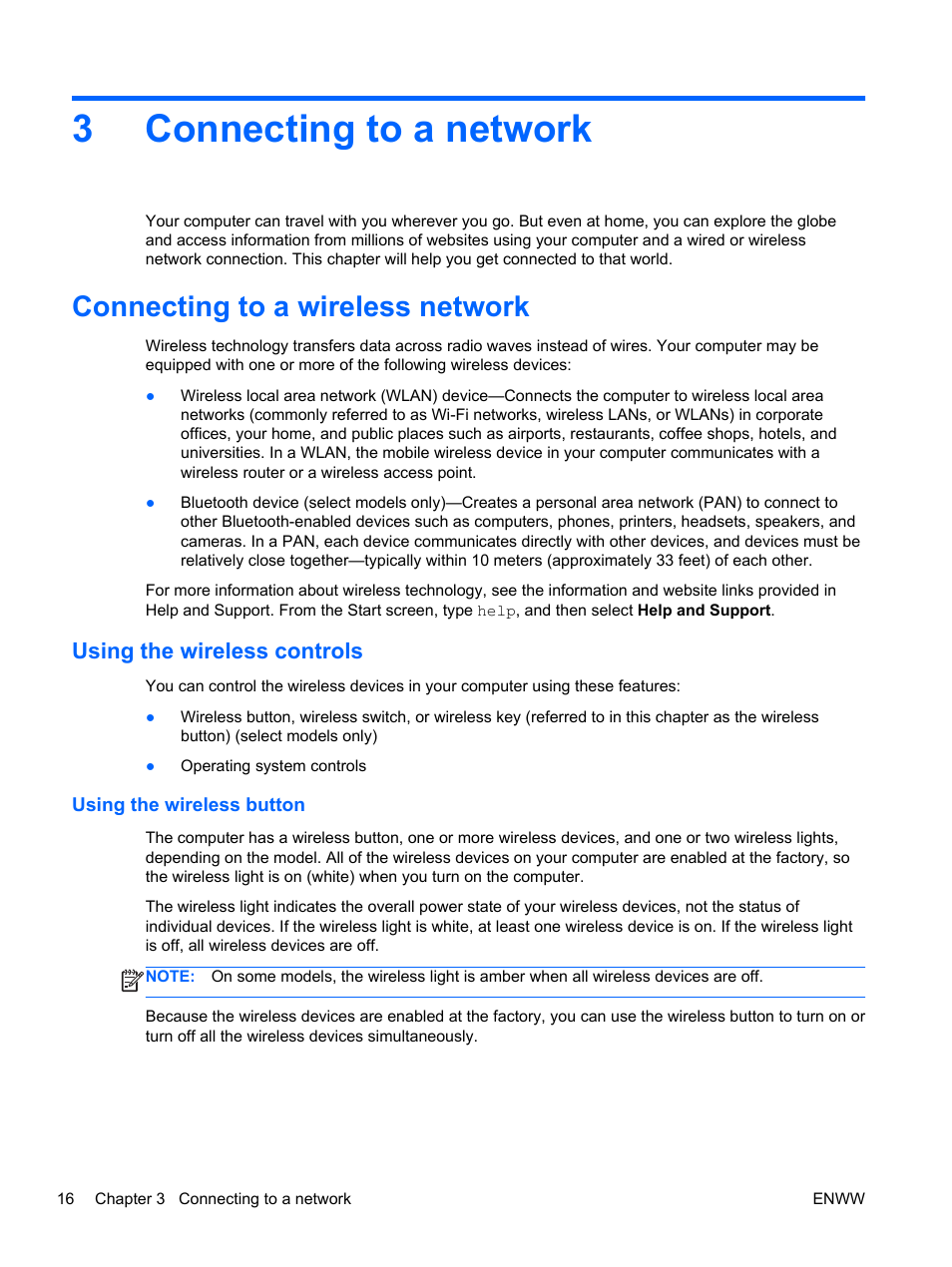 Connecting to a network, Connecting to a wireless network, Using the wireless controls | Using the wireless button, 3 connecting to a network, Connecting, 3connecting to a network | HP Spectre 13 Pro-Notebook PC User Manual | Page 26 / 89