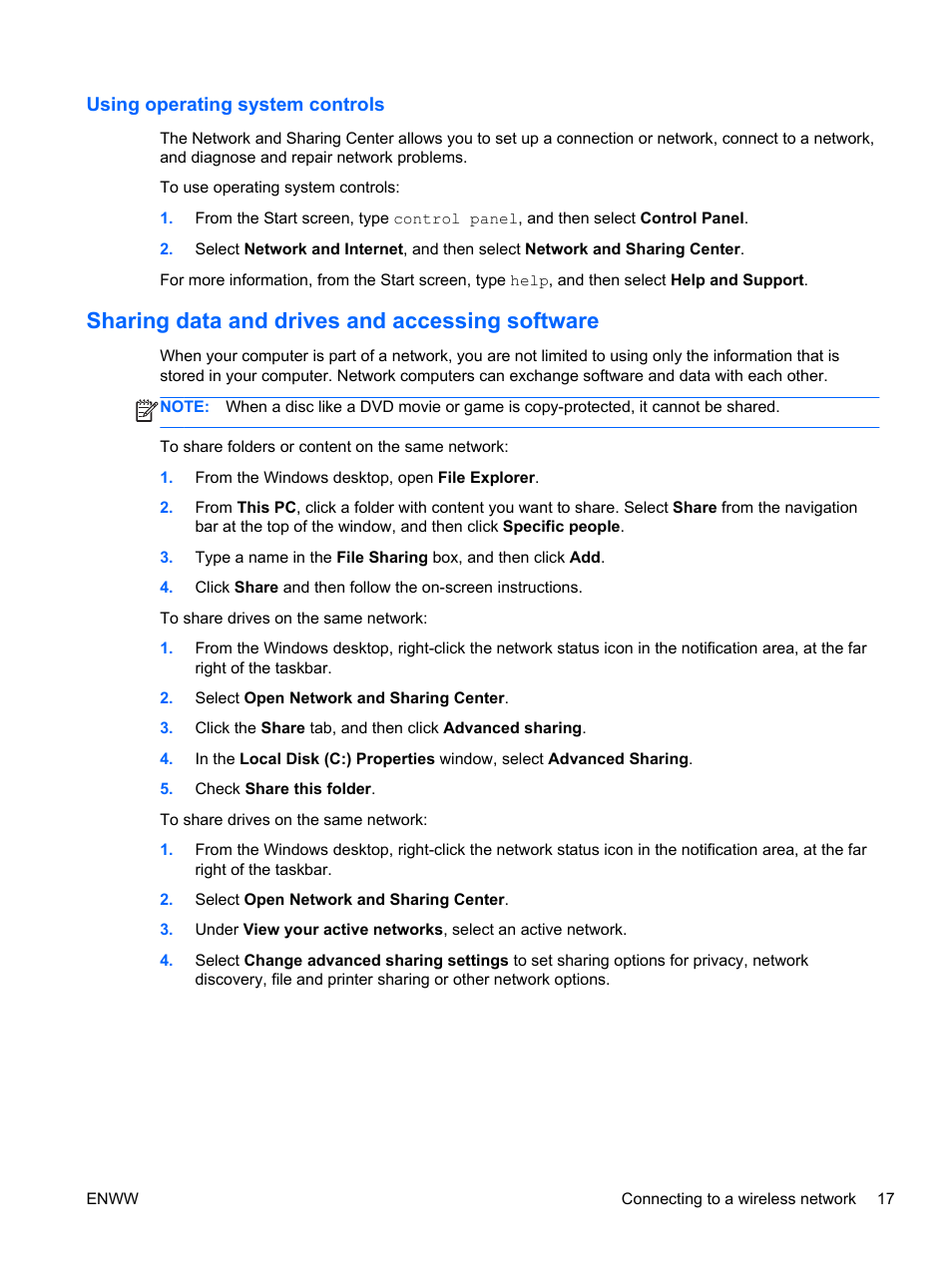 Using operating system controls, Sharing data and drives and accessing software | HP Spectre 13 Pro-Notebook PC User Manual | Page 27 / 89